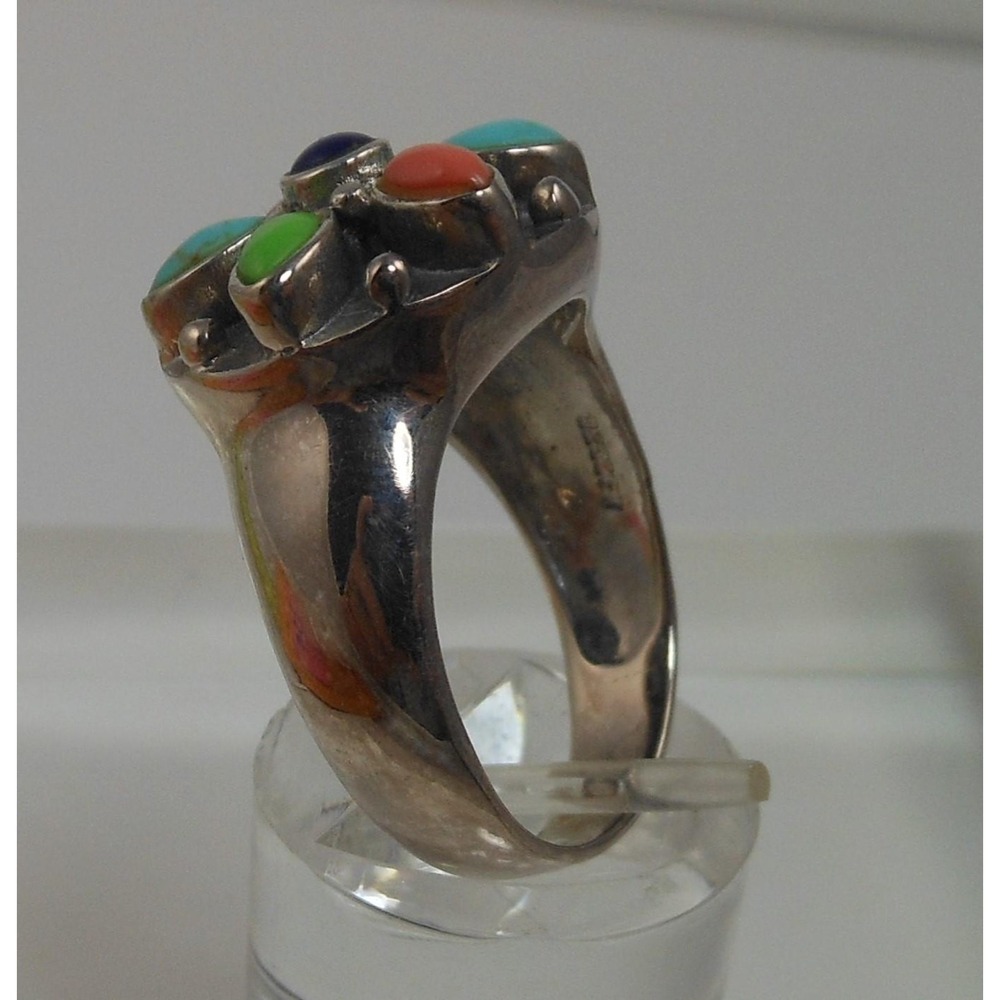Vintage Designer Sterling Silver Turquoise Coral Garnet Ring - Size 7.75 - Picture 9 of 10